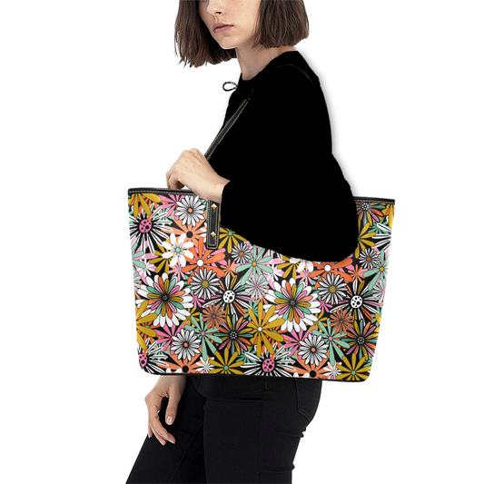 Groovy Floral Hippie Faux Leather Tote Bag