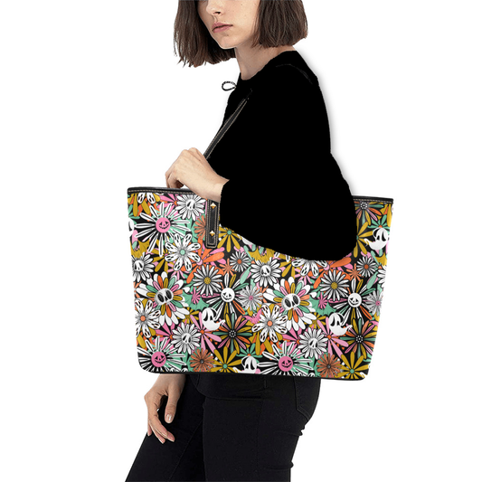 Spooky Floral Hippie Springoween Faux Leather Tote Bag