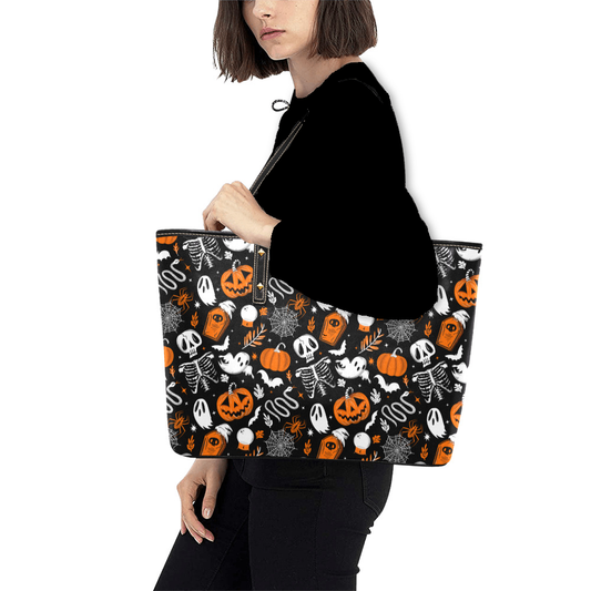 Everything Halloween 2022 Black, White, Orange Faux Leather Halloween Tote Bag